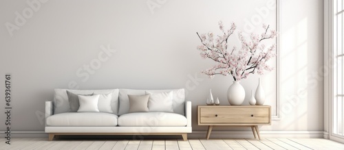 White scandinavian living room with sofa dresser vases decor wooden floor large wall and window with white landscape Nordic home interior depicted in © HN Works