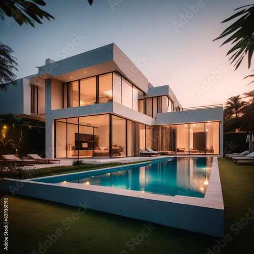 Modern house with swimming pool at sunset. Luxury villa 