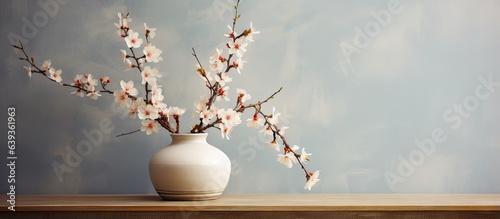 Living room with vase and blooming branches displayed inside
