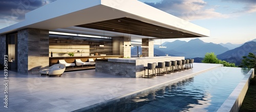 Unique bar design in a modern private house with a pool and scenic mountain view ing © HN Works
