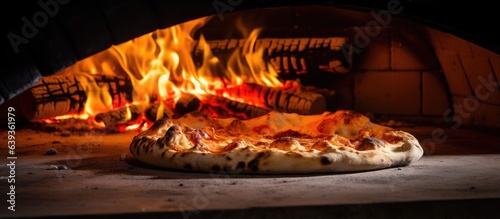 Blazing fire inside oven used for pizza