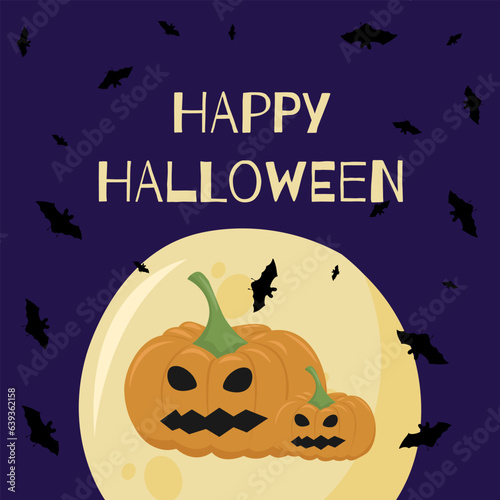The vector illustration of Happy Halloween can be used as a banner or a greeting card. Pumpkin, bats, and a moon on a violet background.
