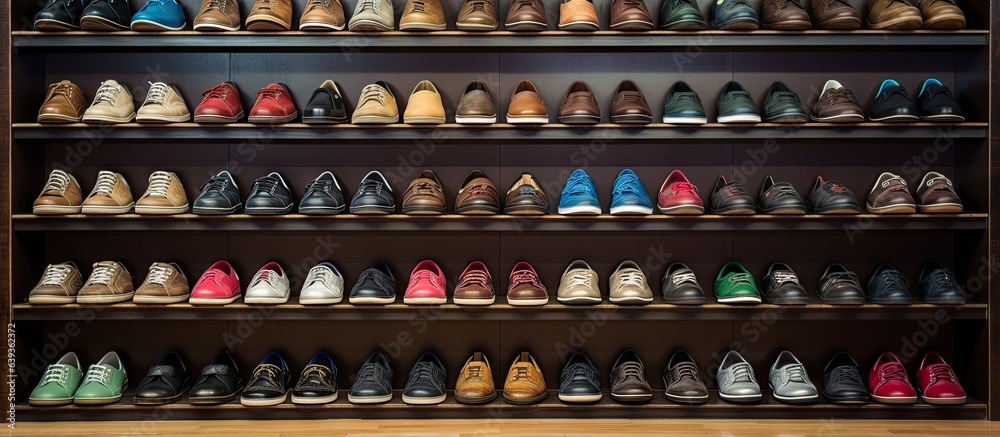 Bowling shoes on shelves in a bowling alley Bowling shoes on shelves in a bowling alley