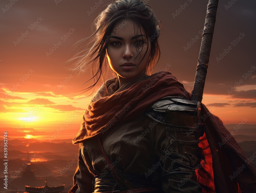 Naklejka premium Woman warrior silhouette with samurai sword at fiery sunset in Asian style AI
