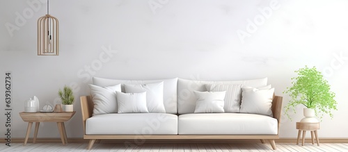 white interior design with sofa Scandinavian style 3D illustration