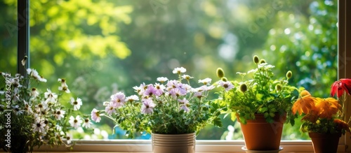 Flora flourishing in windowsill kitchen overlooking garden