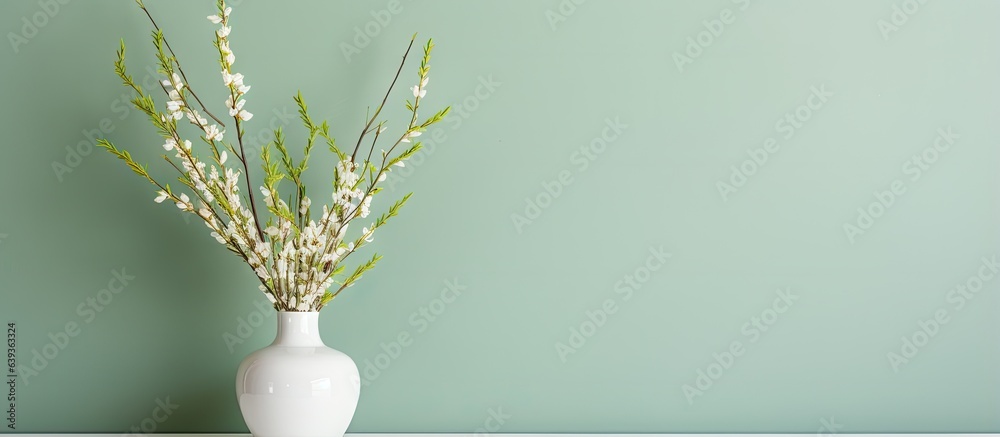 White chest of drawers indoors displaying a glass vase with pussy willow branches and decor near a light green wall