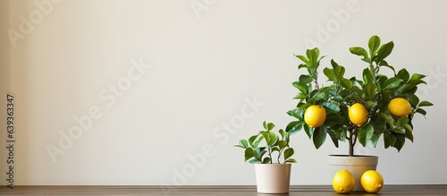Fototapeta Naklejka Na Ścianę i Meble -  Minimalist interior design concept featuring a small potted bergamot tree with fruits displayed on a wooden table in the living room