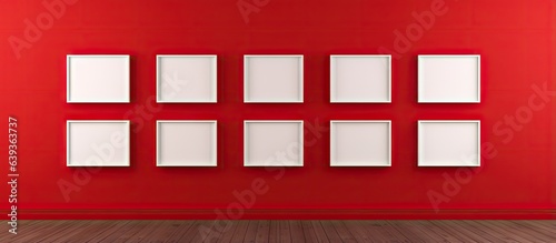 Red wall with white floor featuring home interior and six empty wooden frames for your copy space or art picture photo