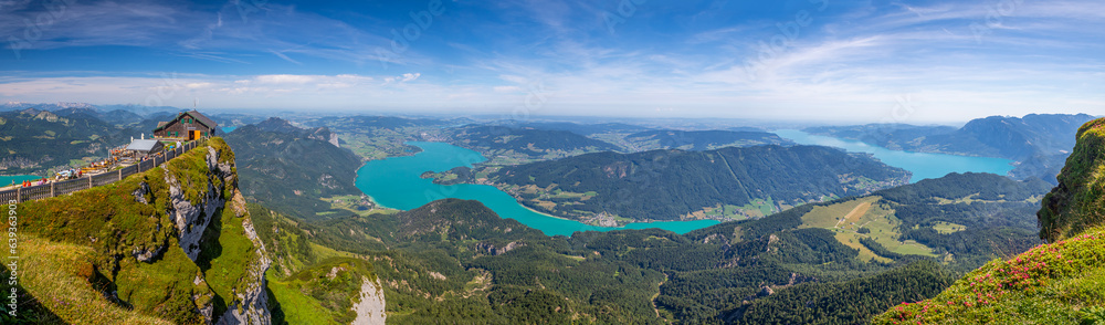 view from the top of Mount Schafberg over the landscape with mountains and Lake Mondsee and Lake Attersee, Alps, Austria