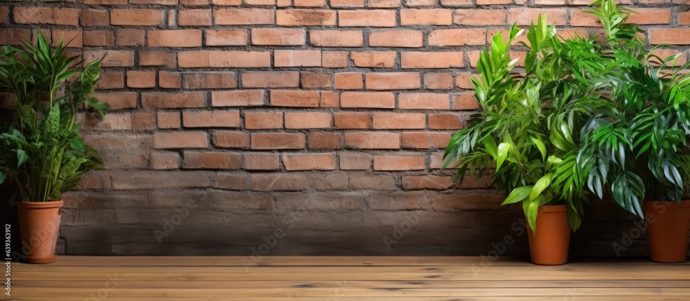 Green plant with wood floor against red brick wall Green plant with wood floor against red brick wall