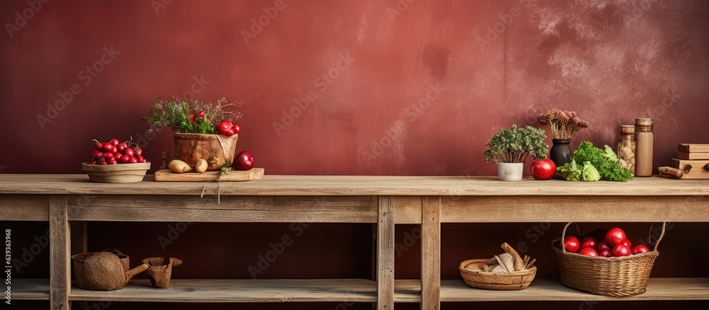 Kitchen with brown interior and wooden table a shabby area with fresh red vegetables