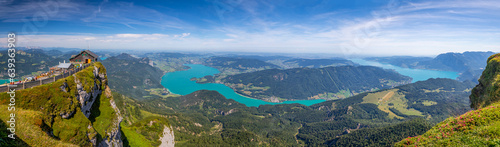 view from the top of Mount Schafberg over the landscape with mountains and Lake Mondsee and Lake Attersee, Alps, Austria