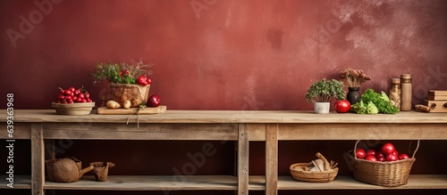 Kitchen with brown interior and wooden table a shabby area with fresh red vegetables