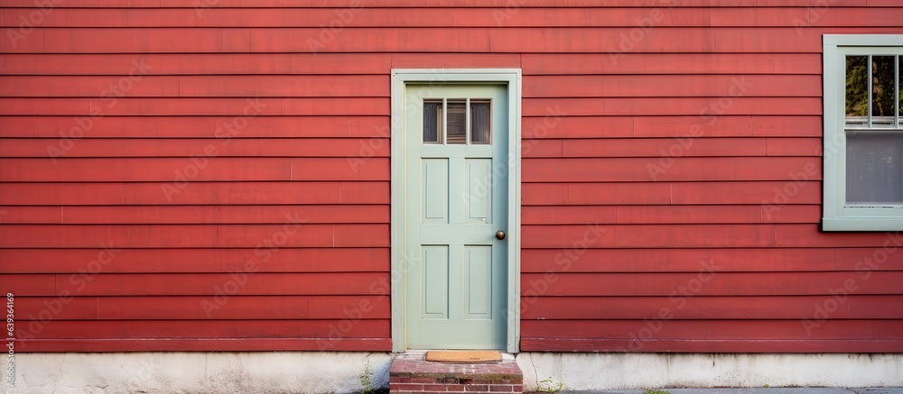 Red door on building with white trim and green gray exterior Horizontal wood house with brown roof in city during midday