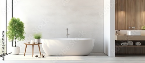 Luxurious contemporary bathroom exhibit featuring a sleek tub and shower