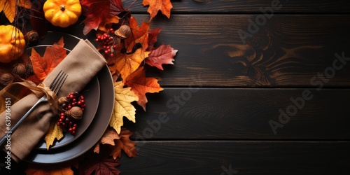 Autumn serving of plates on a wooden table, top view, autumn leaves and flowers