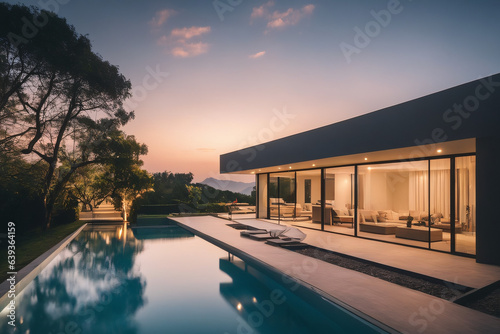 Modern house with swimming pool at sunset. Luxury villa  © Hung