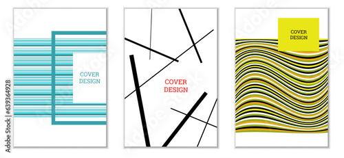 Geometric cover design, set of 3 covers. Abstract unusual background in Memphis style. Bright geometric shapes in random order