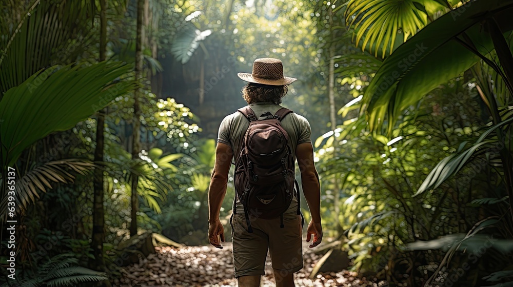 Male hiker, full body, view from behind, standing in the jungle