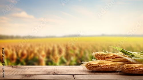 empty wooden table rustical style for product presentation with a blurred corn field in the background