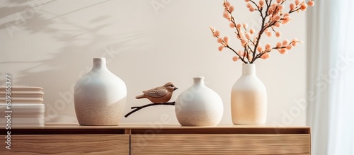 Bird figurines on top of chest of drawers Eucalyptus branch in vase Bathroom Text space available