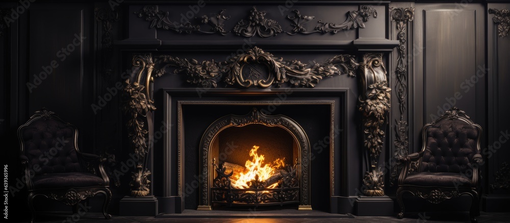 Up close view of modern black fireplace Up close view of modern black fireplace