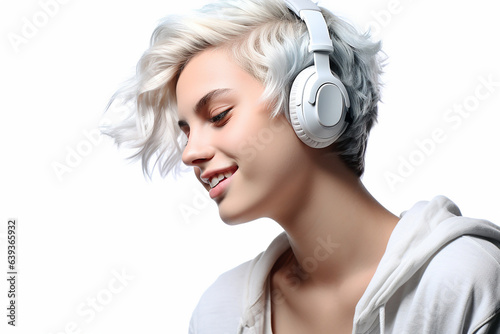 a girl or guy of androgynous appearance with white hair, white headphones in a white hoodie on a white background listens to music