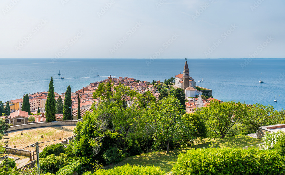A view from the old town walls towards the promontory in the town of Piran, Slovenia in summertime