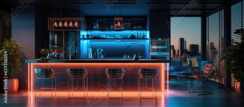 Nighttime illustration of a modern kitchen with a counter bar pendant lights neon lights glass window and decor