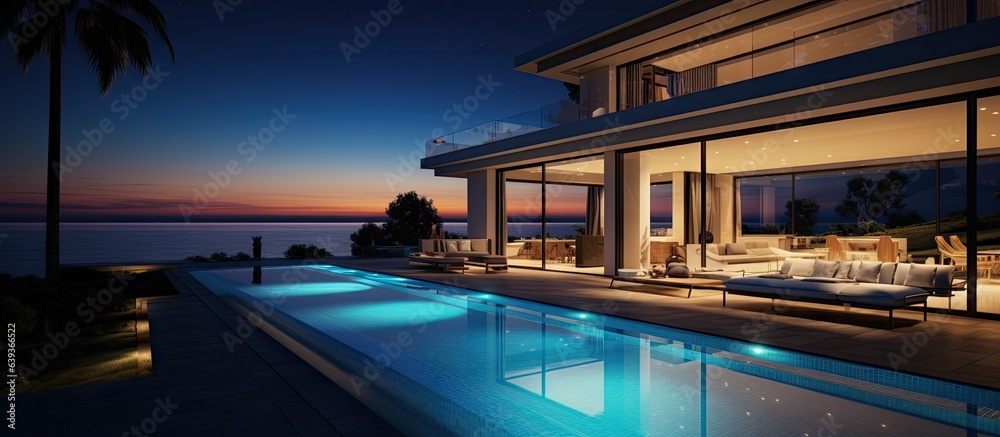 a sea view villa with a pool at night