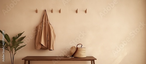 Stylish accessories and wooden hanger for keys on a beige wall in an interior hallway
