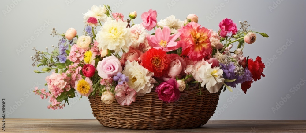 Floral arrangement in cane basket