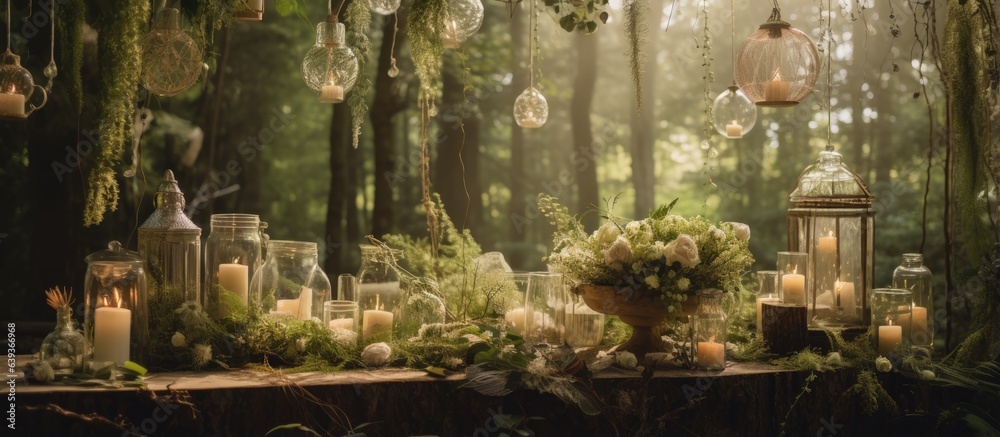 Wedding decorations in a forest with an eco friendly twist