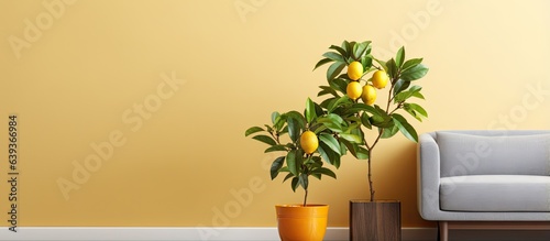 Fototapeta Naklejka Na Ścianę i Meble -  Minimalist interior design concept featuring a small potted bergamot tree with fruits displayed on a wooden table in the living room