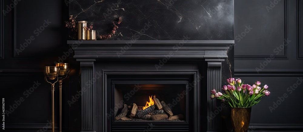 Up close view of modern black fireplace Up close view of modern black fireplace