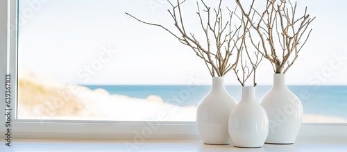 Contemporary white vases with branches on kitchen island in coastal home
