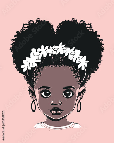 Black Brown African American little small girl outline face portrait.Two puffs ponytails with flowers on her head.Vector baby silhouette drawing,curly wavy hair.Afro child hairstyles.Curls.Print. DIY