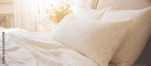 Vintage light filter enhances the exquisite charm of a luxurious white pillow on the bed in a beautifully decorated bedroom interior