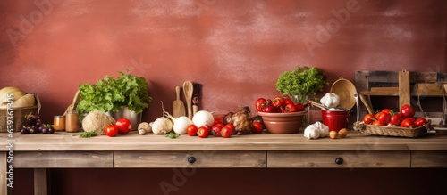Kitchen with brown interior and wooden table a shabby area with fresh red vegetables