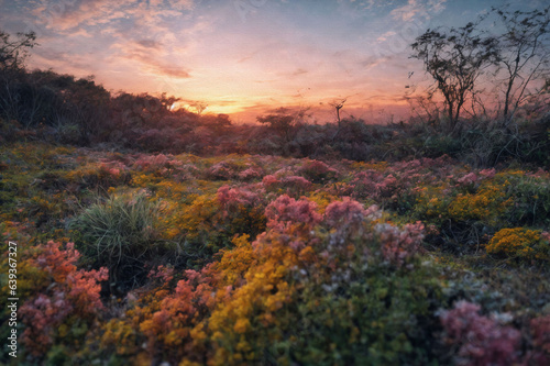 Piękne widoki na krajobrazy zawierające  mchy porosty i kwiaty w zbliżeniu w promieniach zachodzącego słońca. Lato w pełni. © Roman Trojanowski