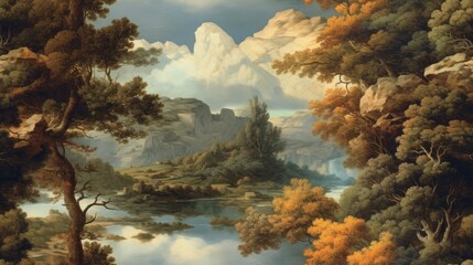 Crédence de cuisine Aquarelle ensemble 1 patrons Paysage classique arbres et montagnes style huile  © Op Creator