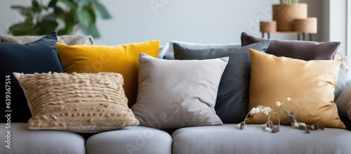 Different cushions on a grey couch are chosen
