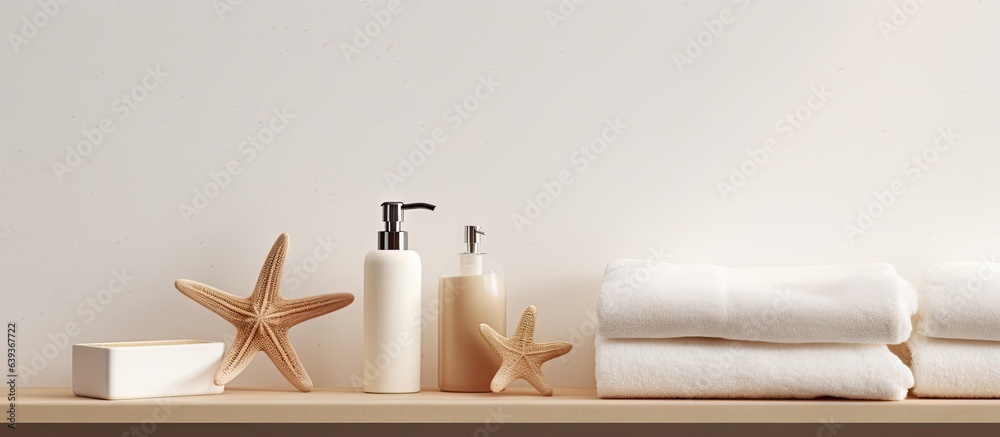 Starfish themed bathroom set with dispenser and sponges displayed on a shelf
