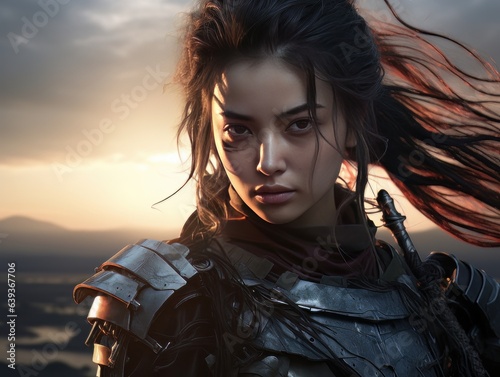 Portrait of beautiful epic warrior woman at sunset AI