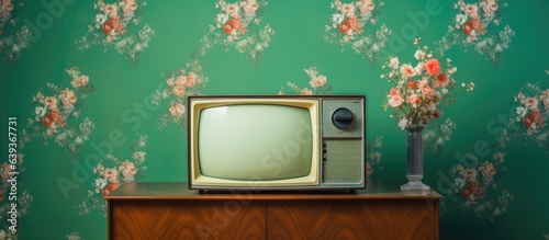 Antique television set featuring a green screen and VCR against wallpaper background