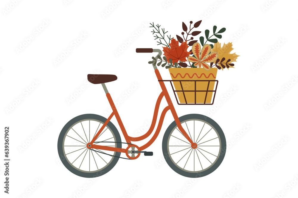 Cute Ladies bike with basket of autumn leaves, branches. Women city retro bike. Autumn nature vintage journey concept. Romance. Good for cards, greeting. Flat vector illustration on white background