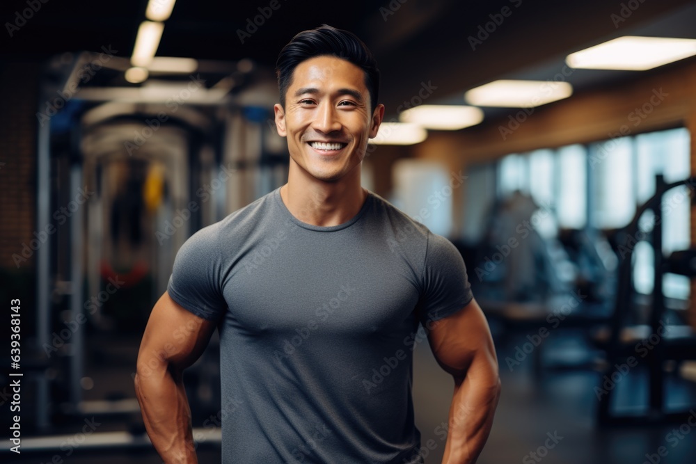 Smiling portrait of a young male asian fitness trainer instructor working in a gym