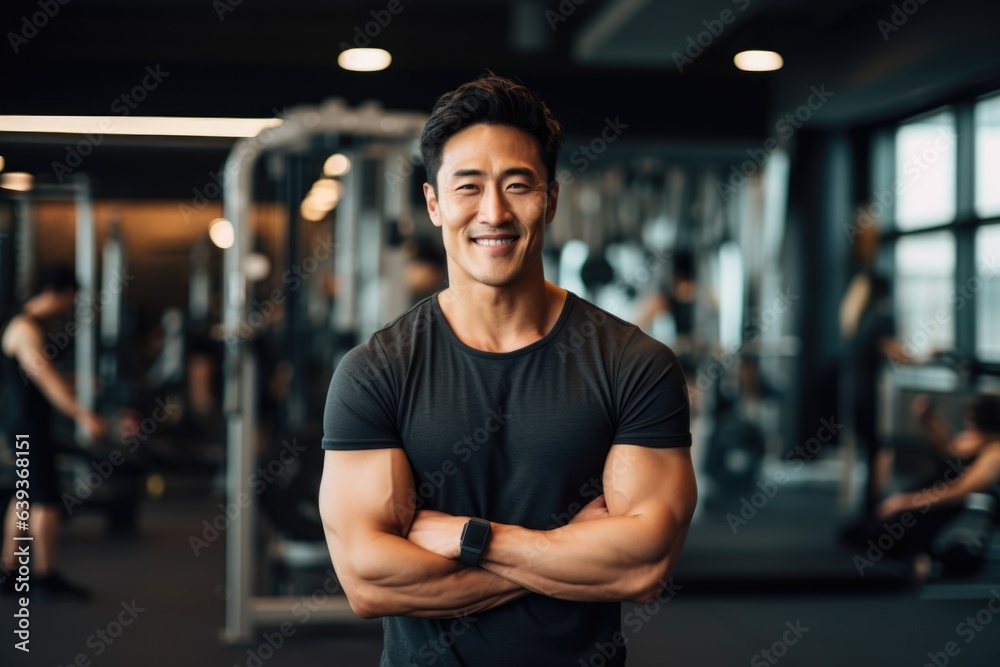 Smiling portrait of a young male asian fitness trainer instructor working in a gym Smiling portrait of a young male asian fitness trainer instructor working in a gym