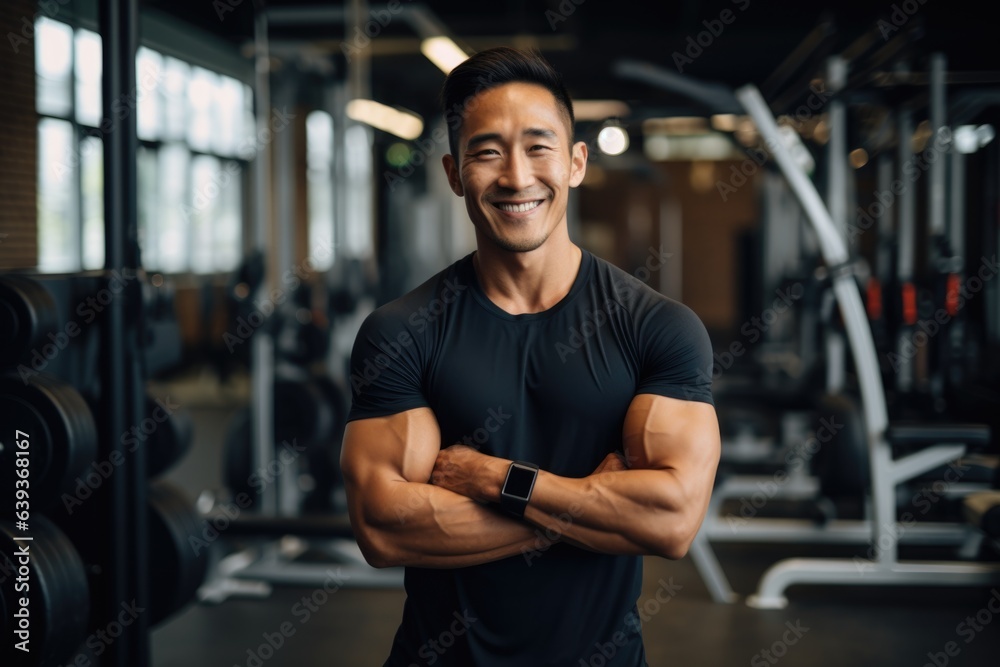 Smiling portrait of a young male asian fitness trainer instructor working in a gym Smiling portrait of a young male asian fitness trainer instructor working in a gym